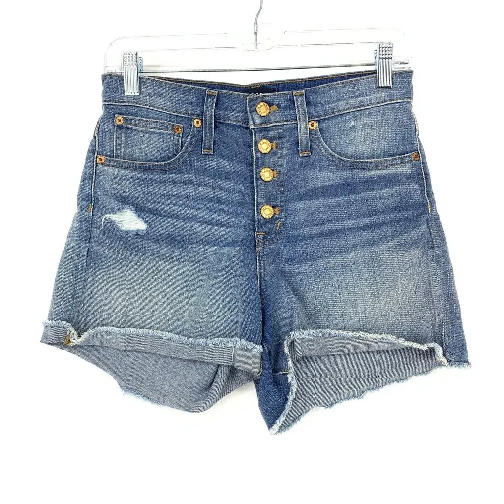 J Crew Shorts Women Size 25 High Rise Denim Jean Exposed Button Fly Raw Hem Blue